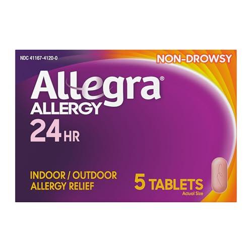 Allegra Adult 24-Hour Allergy Relief Tablets, Non-Drowsy Indoor and Outdoor Allergy Medicine, 180 mg Fexofenadine HCI Antihistamine Pill, 5-Count 2 Pack, Best By: 05/2026