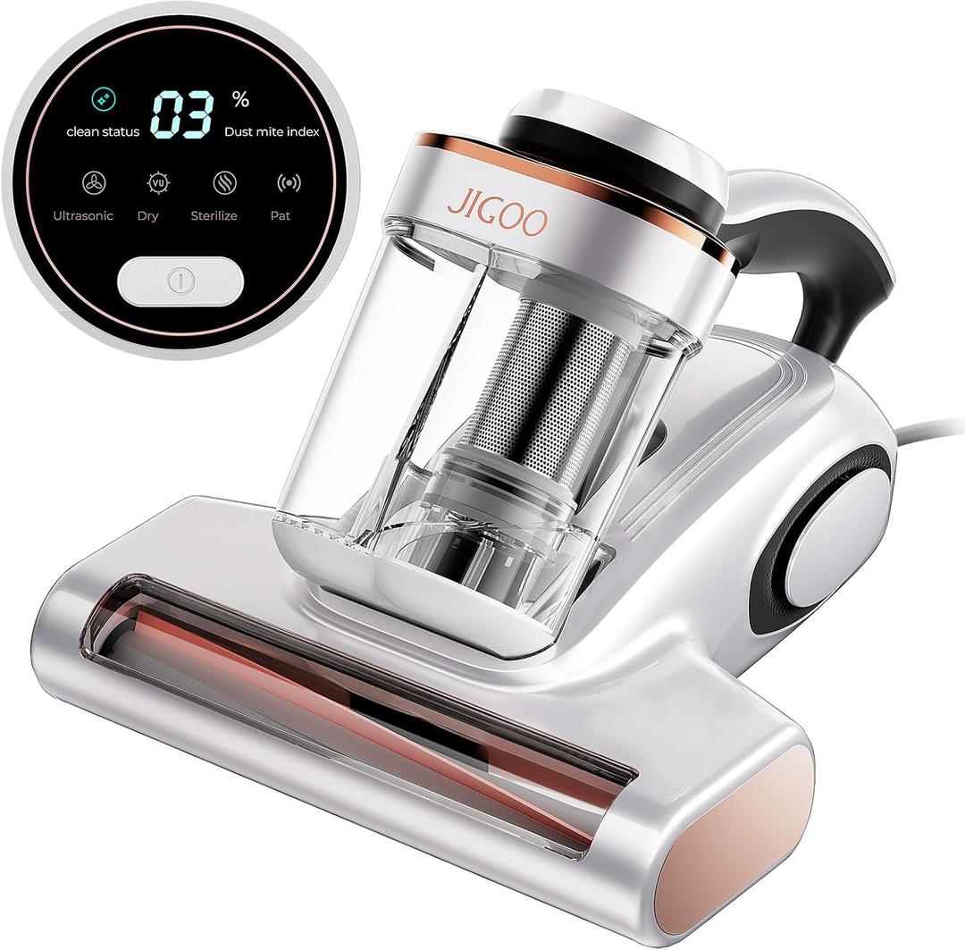 JIGOO Bed Vacuum Cleaner with Dust Sensor, Mattress Vacuum Cleaner with UV & Ultrasonic and High Heating, 13Kpa Suction 500W Powerful Double-Cup Handheld Vacuums (J300, Corded) (White)