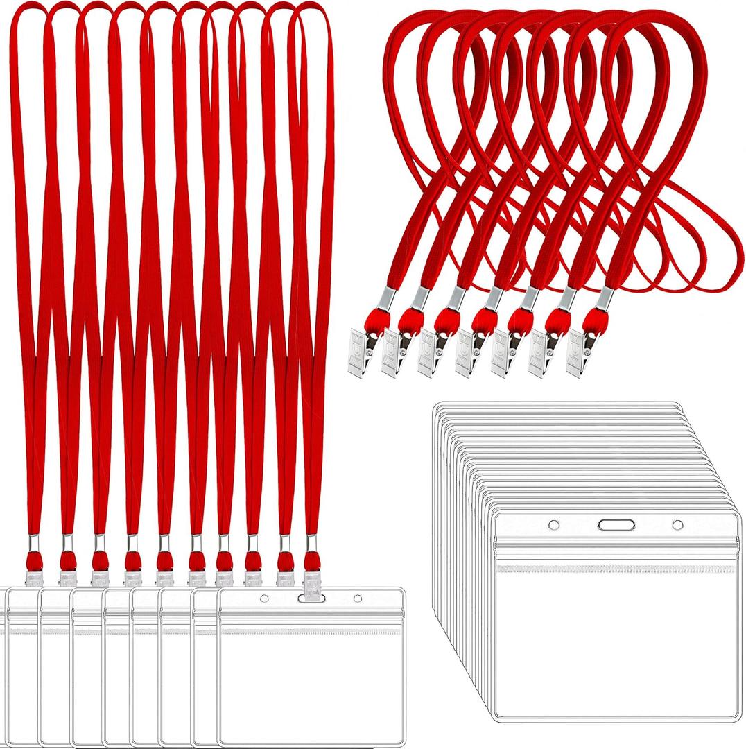 LOCONHA 100 Sets Clear Plastic Horizontal Name Tags Badge ID Card Holders and Lanyards with Clip lanyards for id Badges (100, Red)