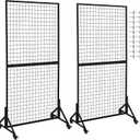 2 Packs 3' x 6' Grid Wall Panels Display Stand with Wheels, Heavy Duty Wire Grid Wall Rack for Retail, Craft Fairs & Art Shows, Mobile Floor Standing Fixture with 20 Hooks, Black