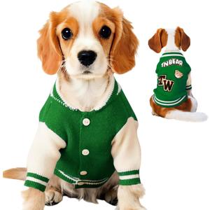 Dog Varsity Sweaters for Dogs, Brushed Fleece Dog Sweater Baseball Jacket Pet Clothes with Bear Embroidery, Soft Warm Sweatshirt Clothes for Puppy Large (8-12lbs), Green)