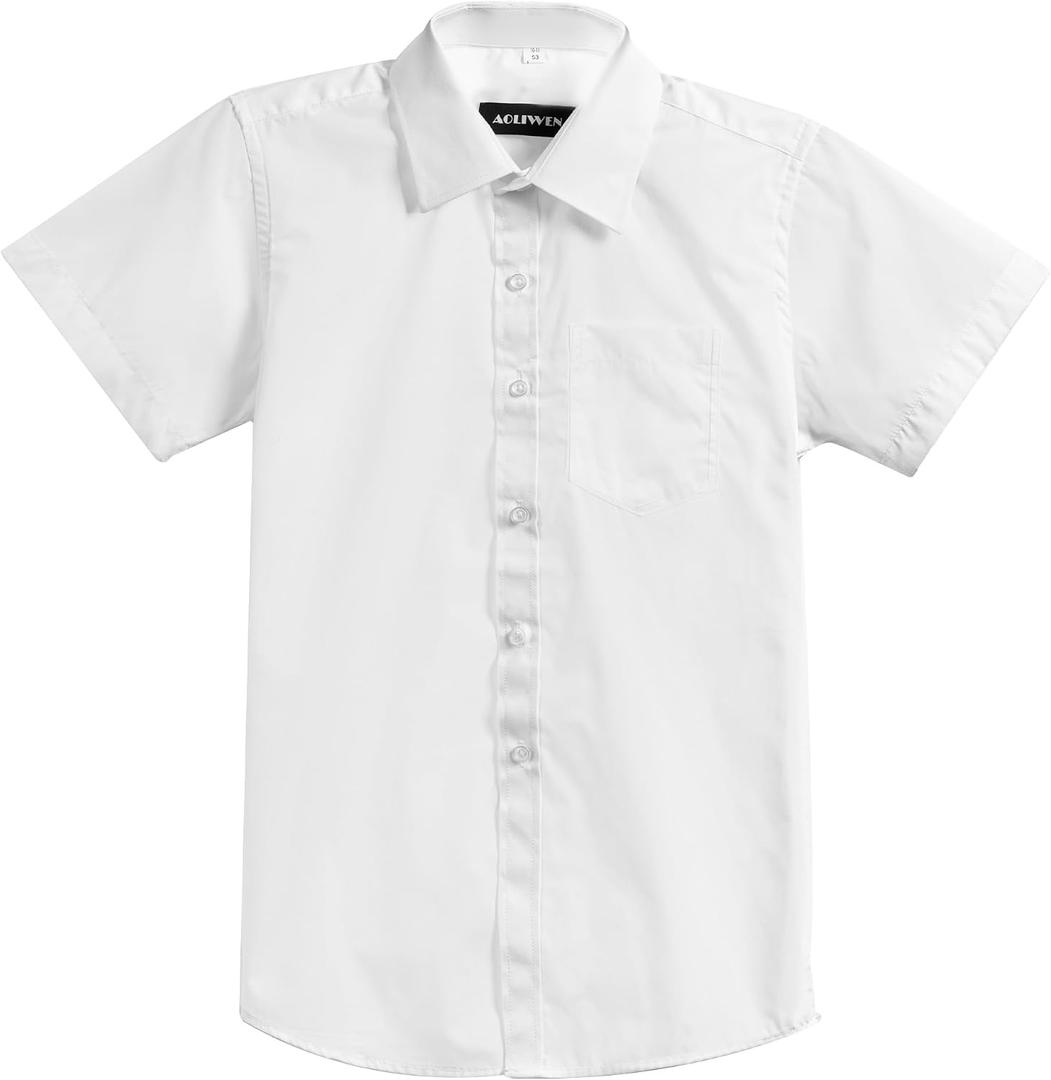 Boys Short Sleeve Button Down Shirt - Collared Uniform Dress Shirt - White Button Up Shirt Boys (White, XXXL)