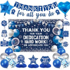 Vlipoeasn We Appreciate You Banner Decorations, Blue Silver Thank You for All You Do Backdrop Banner Honeycomb Centerpieces, Retirement Office Decor Staff Teachers Professors Doctor Nurses