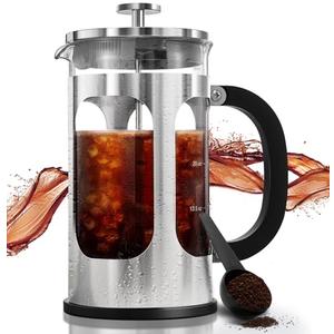 BAYKA 34oz French Press Cold Brew Coffee Maker, Heat and Cold Resistant Thickened Borosilicate Glass Stainless Steel Coffee Press, Iced Coffee Pot Tea Pitcher for Kitchen Travel Camping,1 Liter,Silver