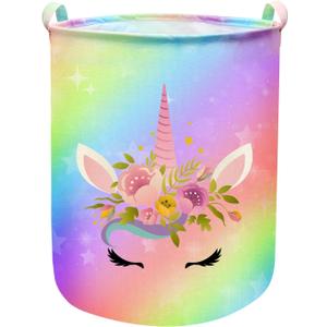 Unicorn Laundry Basket Hamper Large Sized Round Storage Basket Waterproof Bin Collapsible Laundry Basket for Girls Room Organizer, Kids Bedroom Nursery Playroom Clothes (43.3L Cute Unicorn Laundry)
