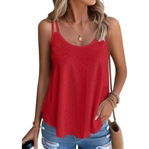 Eachrise Womens Tank Tops Summer Sleeveless Casual Spaghetti Strap Blouses Eyelet Embroidery Loose Fit Tunic Shirts S