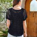 Women Crochet Sweater Cap Short Sleeve Summer Sweatwers Hollow Out See Through Knit Tops (Black, XL)