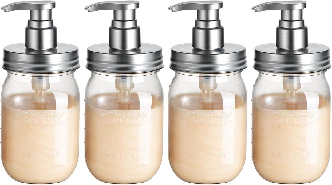 Amolliar Plastic Mason Jar Soap Dispenser with Pump Lid,16OZ Refillable BPA-Free Hand Soap Dispenser Set with Cute Lables, Farmhouse Decor for Kitchen Bathroom, Liquid Soap, Dish Soap (4 Pack, Silver)