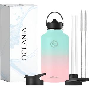 Oceania Flask 64oz Stainless Steel Water Bottle | Modern, Leakproof, Hydro BPA-Free, Insulated Water Bottle with 3 Lids, 3 Straws & 2 Straw Cleaning Brushes | Simple Camping & Hiking Water Bottles (Candy Floss)