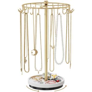 NiHome 360 Rotating Necklace Holder Stand, 24-Hook Metal Jewelry Organizer with Wooden Base Tray, Tangle-Free Display for Necklaces, Bracelets, Earrings, and Accessories, Ideal for Vanity or Dresser