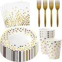160 Pcs White and Gold Paper Plates, Forks and Cups Party Supplies, Disposable Paper Dessert Cake Plates Tableware Supplies for Birthdays, Graduations, Weddings, Holidays (Serves 40)(7 inches)