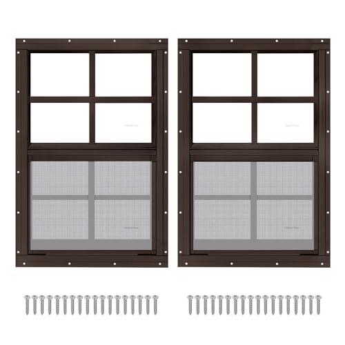 2 Pack 16" x 16" Brown Shed Window with Tempered Glass and Fiberglass Screen Household Sliding Windows with Screws for Shed, Chicken Coop, Playhouse, Garage and Barns