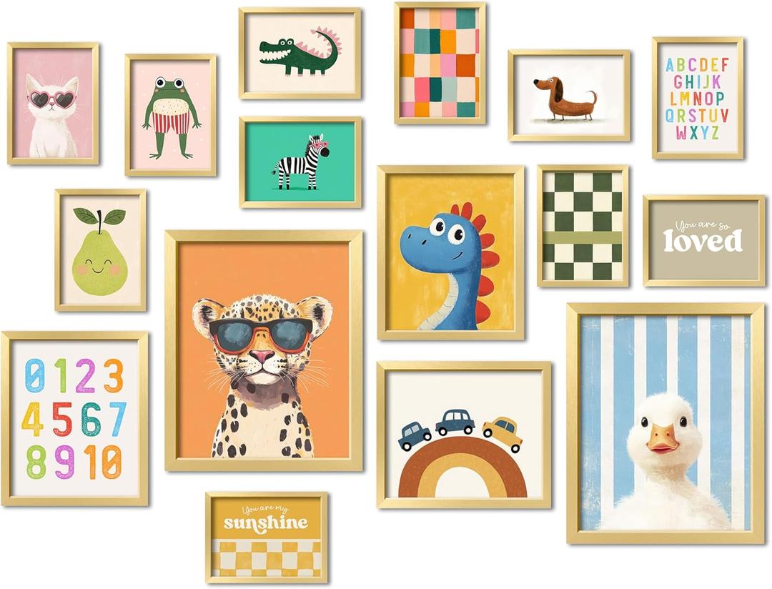 16 PCS Kids Wall Art Decor, Baby Girl & Boy Nursery Decor, Toddler Room Bedroom Playroom Decor, Cute Colorful Animal Eclectic Gallery Wall Prints (11"x14" Unframed, Multi)