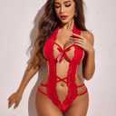 Avidlove Women Deep V Halter Lingerie Teddy One Piece Bodysuit Lace Babydoll (Red, M)
