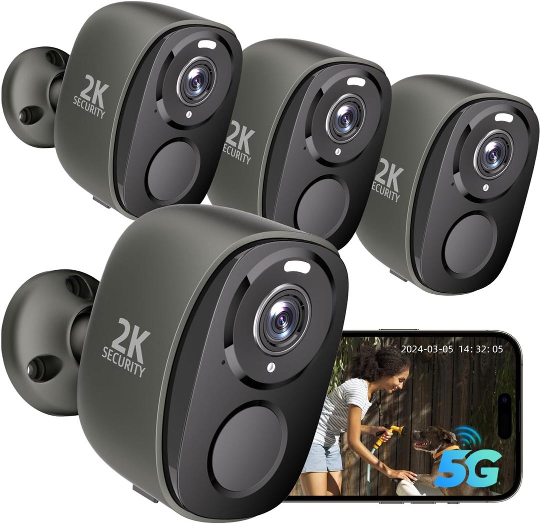 4PC 2.4G/ 5GHz WiFi Security Cameras Wireless Outdoor, 2K Battery Home Security Camera with AI Detection, Siren, Surveillance Indoor Home Camera, Color Night Vision, 2-Way Talk, IP65, Cloud/ SD, Works Alexa G