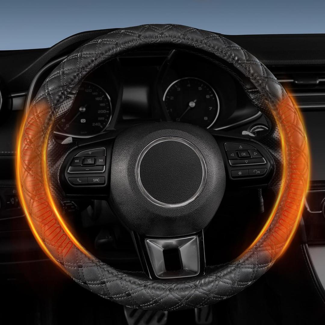 Heated Steering Wheel Cover  12V Fast Heating PU Leather Car Wheel Warmer, Universal Fit 14.515.5" for Car, SUV, Truck, Black