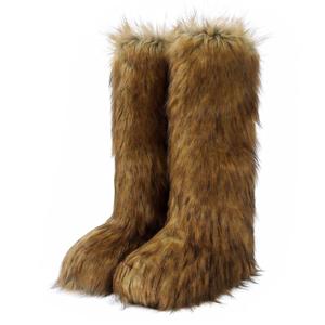 ZJGZF Brown Faux Fur Boots for Women Fuzzy Fluffy Furry Boots Winter Snow Boot Tall Cute Comfort Warm Shoes Soft Wide Calf Knee High Boot 42