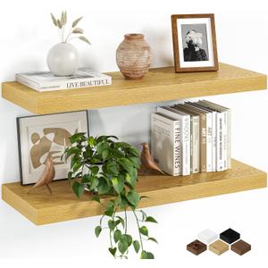 Floating Shelves for Wall, 24 Inch Set of 2 Rustic Wood Wall Shelves with Invisible Brackets, Heavy Duty Storage Display for Living Room Bedroom Kitchen, Oak