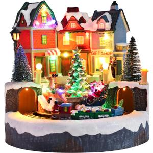 Christmas Village Sets 9 Inch Animated Moving Christmas Tree Train USB/3AA Batteries Music Village House Indoor Decoration Xmas Town Houses for Holiday Decor
