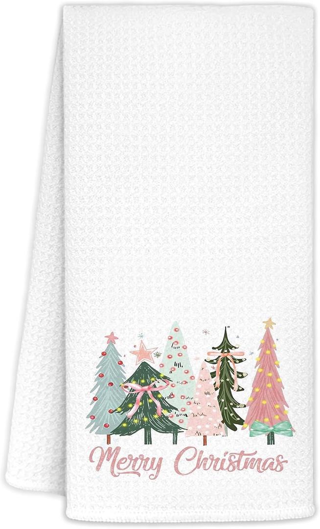 Merry Christmas Tree Kitchen Towels 16x24 Inch, Coquette Pastel Bow Christmas Tree Hand Towels for Bathroom Decorative, Preppy Pink Xmas Dish Tea Towel for Kitchen Decor