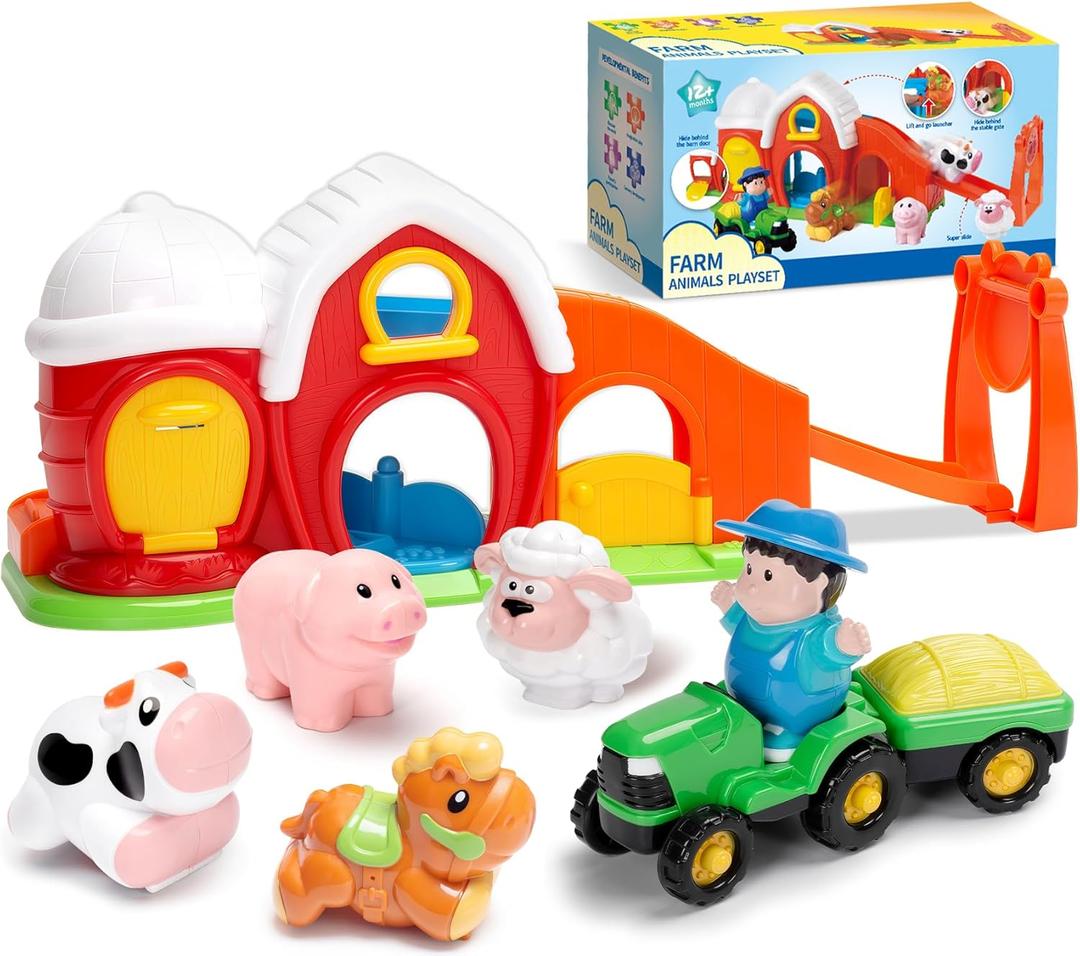Toddler Toys for 1 2 3 Year Olds, Farm Animal Barn Playset with Animals Figures and Tractor Toy, Montessori Learning Toy for Toddlers 1-3, Christmas Birthday Gifts for Baby Boys Girls Age 12-18 Months