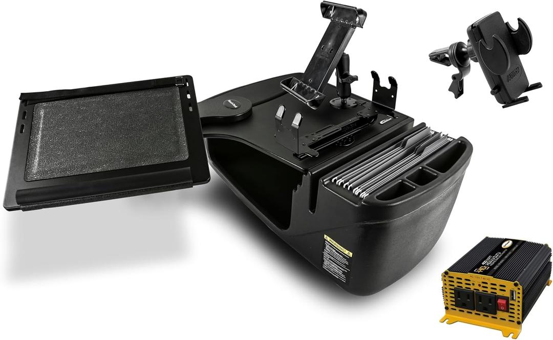 AutoExec Reach Desk Front Seat Car Desk and Portable Workstation with 400 watt Power Inverter, Printer Stand, Tablet Mount and Phone Vent Clip, Black