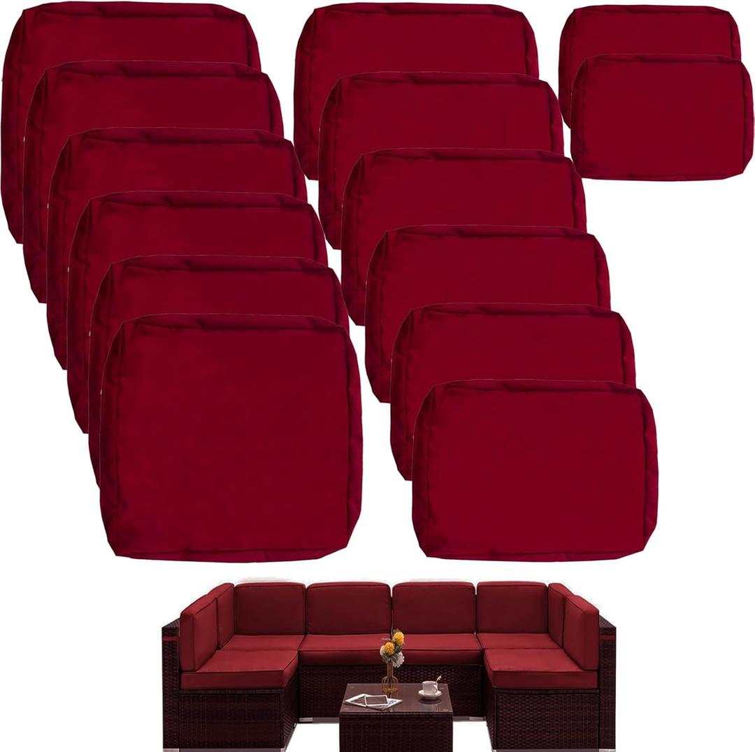 Outdoor Cushion Covers Waterproof, 14Pcs Patio Cushion Slipcovers Replacement for 7Piece 6-Seater Rattan Wicker Sectional Couch Sofa, Washable Patio Furniture Seat and Back Covers Only, Dark Red