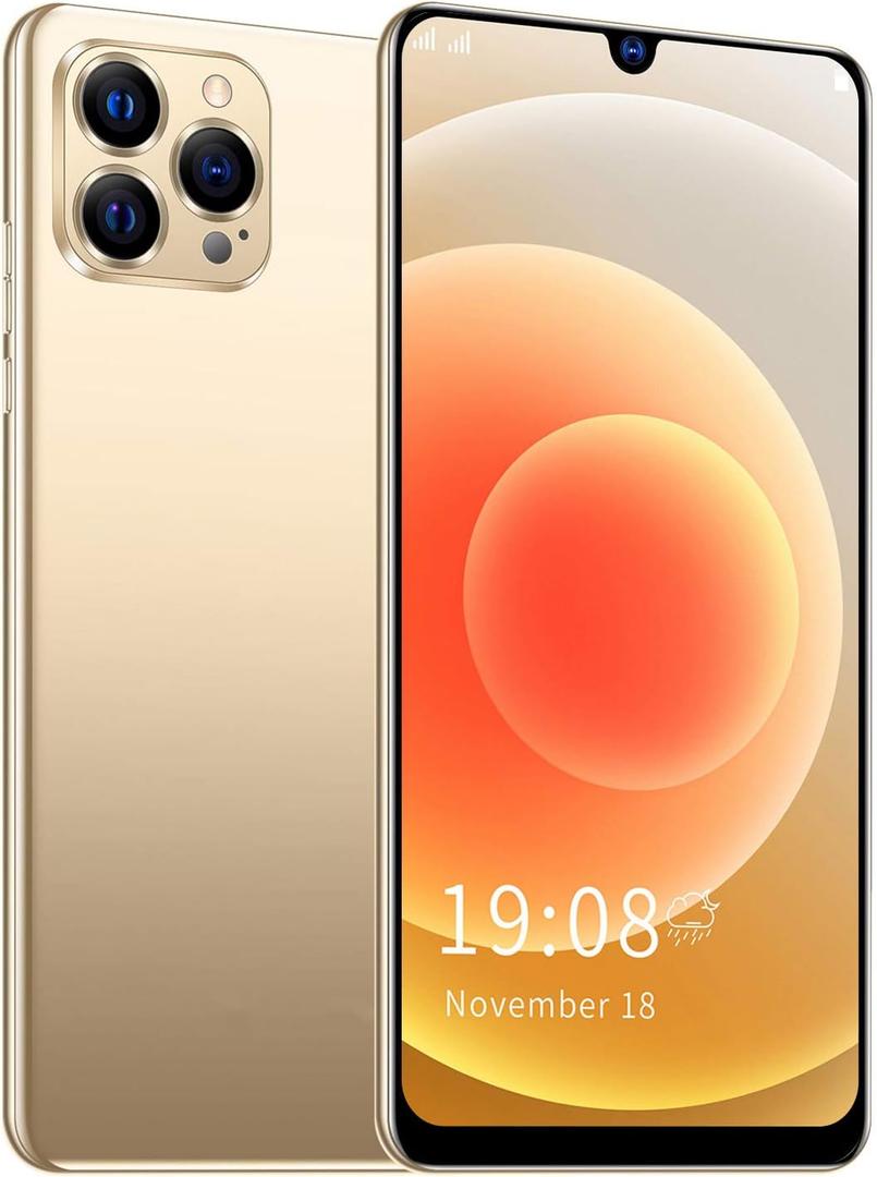 Unlocked Android Smartphone, 6.26in HD Screen Cell Phone, 2MP+2MP Camera 1GB + 8GB ROM , Dual Card Dual Standby, Face Recognition, with +BT+FM+(Gold)