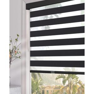 Persilux Cordless Zebra Blinds for Windows (34" W x 64" H, Black) with Upgraded Cassette Room Darkening Dual Layers Sheer Shades Thermal Insulated Window Roller Blinds for Home
