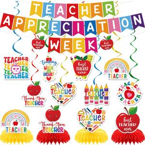Teacher Appreciation Banner Decorations - 15 Pcs Thank You Teachers Week Party Garland Hanging Swirls Honeycomb Centerpieces Backdrop Photo Booth Props Decor Supplies for Classroom School