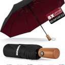 Yoobure Windproof Travel Umbrella with Wood Handle, Automatic Umbrellas for Rain & UV Sun Protection, Compact 46" Large Canopy, Lightweight Backpack Portable for Walking & Outdoor (Burgundy Red)