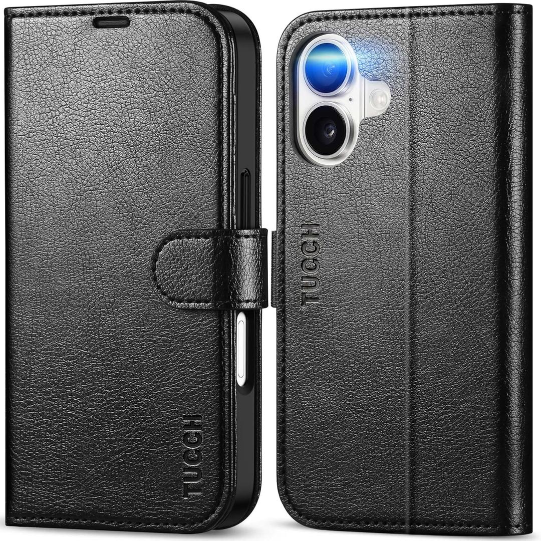 TUCCH Case Wallet for iPhone 17 (6.3-Inch) 2025, RFID Blocking 4 Card Slots, Kickstand, Magnetic Closure, PU Leather, Shockproof TPU Shell, Protective Flip Folio Cover, Textured Black