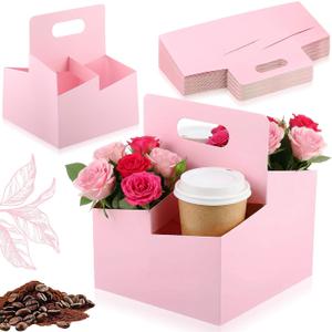 Jetec 50 Pcs 4 Cup Pink Drink Carrier with Handle, Kraft Paperboard Disposable Cup Holder, Food Delivery Accessories for Mother's Day Hot/cold Drinks, to Go Coffee Drink Holder for Flower Gifts