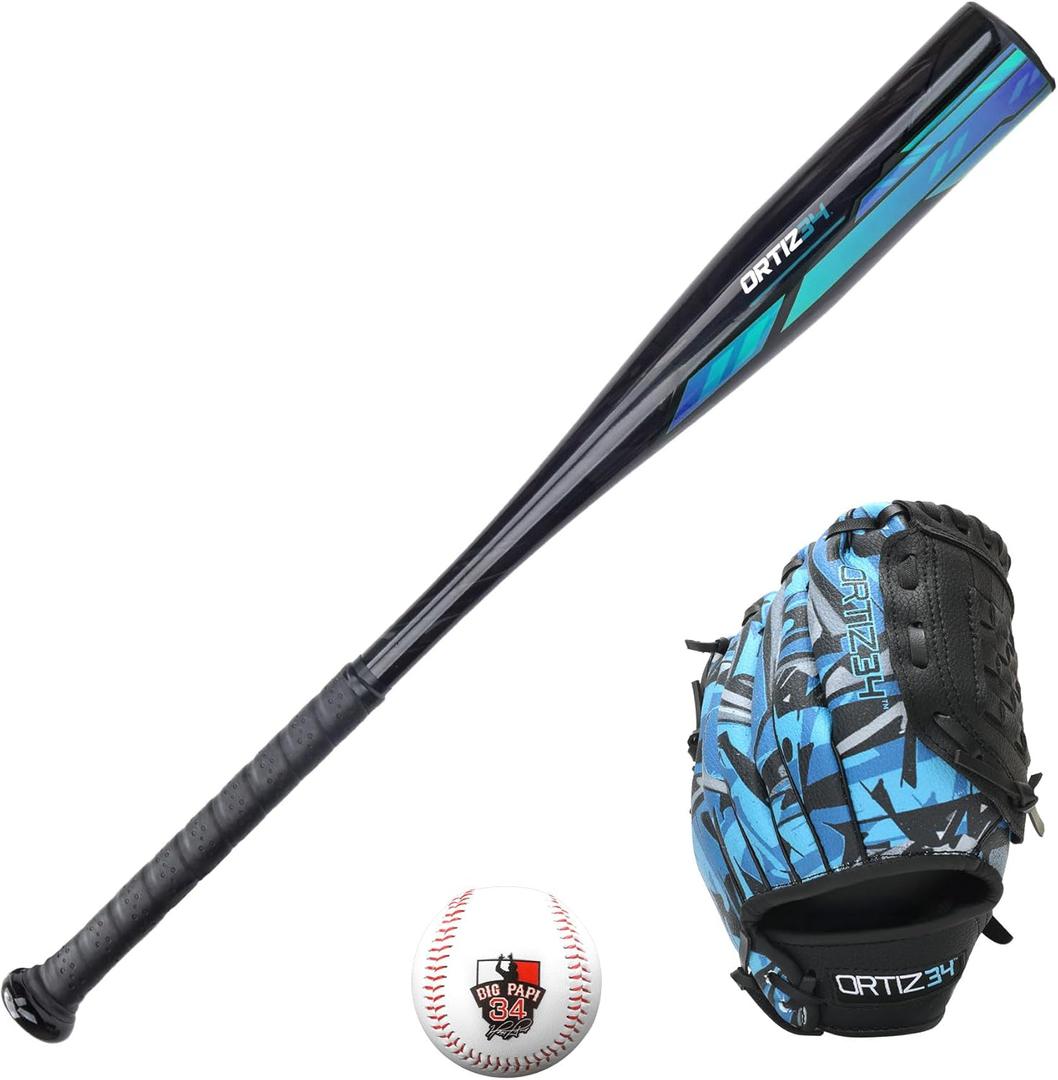 Ortiz34 Youth T-Ball Set, 25 Signature Aluminum T-Ball Bat with -10 Drop, Foam Core T-Ball, 9 Lightweight Youth Glove, Vibrant Graffiti Print
