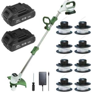 Cordless String Trimmer, Weed Wacker, 2 x Batteries, Edger Lawn Tool, Electric Weed Eater for Lawn Yard,White Green