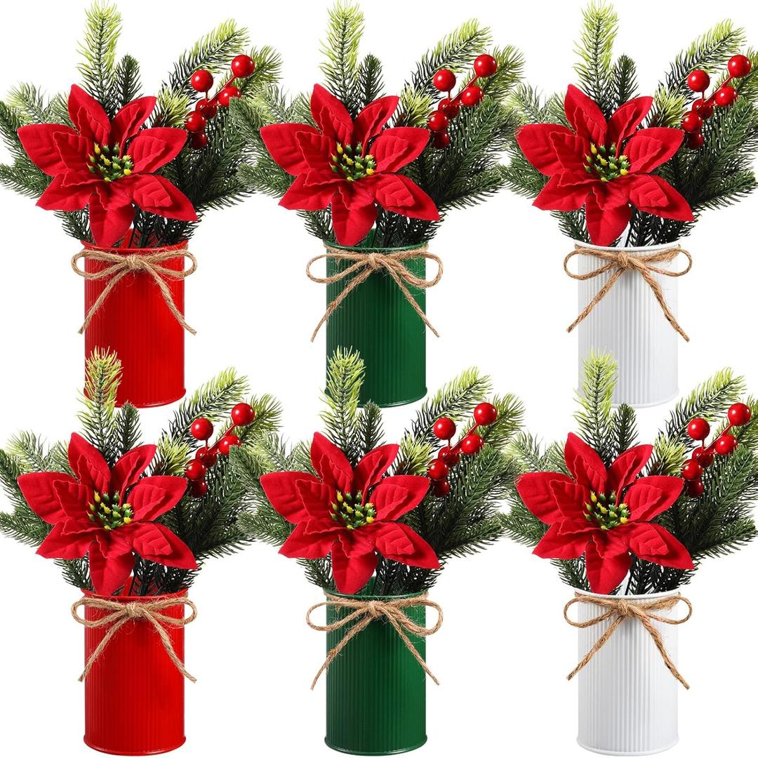 Tioncy 6 Sets Christmas Tabletop Centerpiece Artificial Poinsettias with Metal Vase Flower Picks Holly Red Berries Stem Pine Needles in Pots Faux Floral Arrangements for Home Table Party (3 Colors)