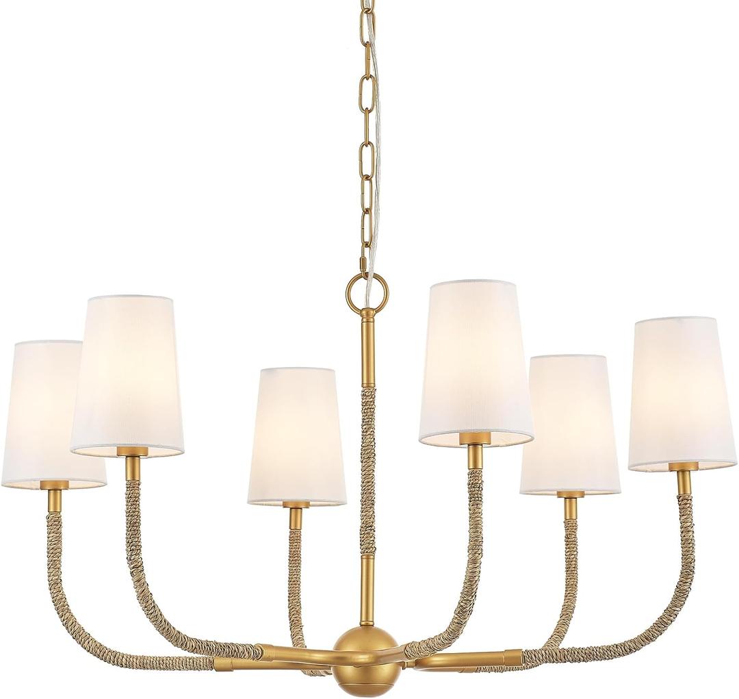 34" Boho Chandelier, with Creamy-White Fabric and Natural Rattan Arched Arms Shade Antique Brass Brush Paint Finish Pendant Lighting Fixture for Dining Room Living Room 6-Light