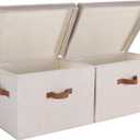 StorageWorks Fabric Storage Bins with lid, Decorative Boxes for Shelves, Closet Organizer Basket with Handles, Jumbo, Brown and Beige, 2-Pack