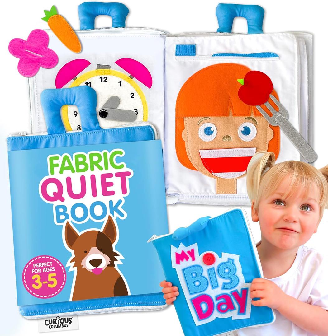 Curious Columbus Quiet Book Large Fabric Activity Book, Montessori Learning Toy, 10 Engaging Pages for Quiet Play, Perfect for at Home Learning, Airplane Activities and Road Trips.