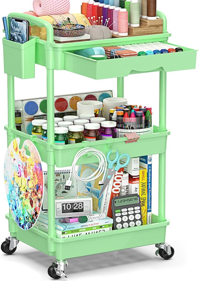 3-Tier Rolling Cart with Drawer & Lockable Wheels, Bathroom Storage Organizer Multifunctional Rolling Storage Cart for Bathroom, Kitchen, Office, Craft, Makeup, Baby Essentials, Green