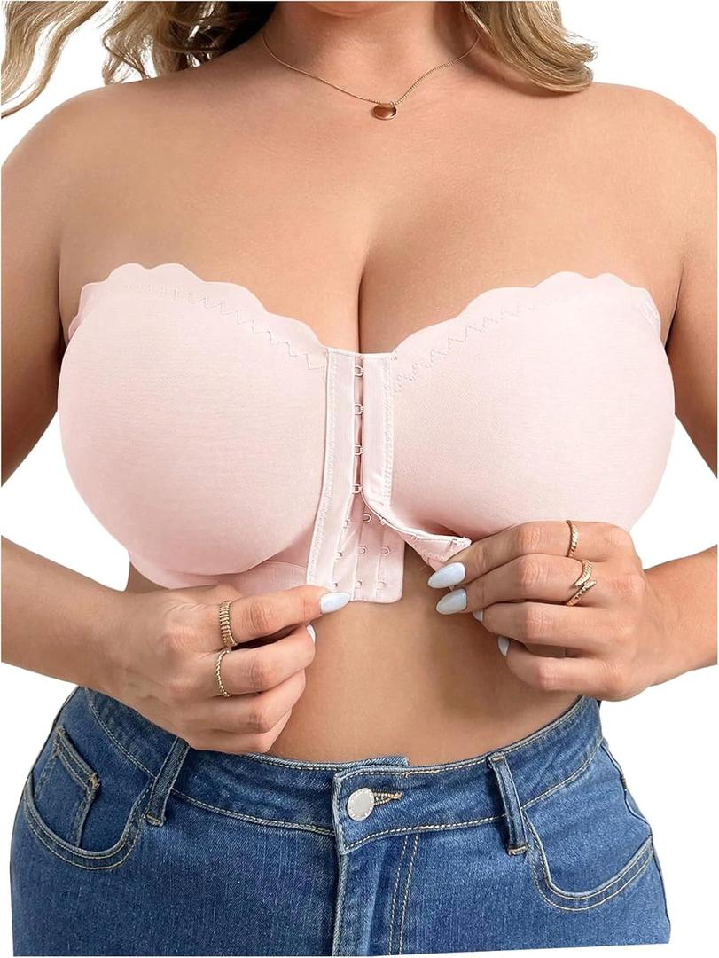 OYOANGLE Women's Plus Size Front Closure Push Up Strapless Bandeau Bra Wireless Tube Bralettes with Clear Strap (3X-Large Plus, Light Pink)