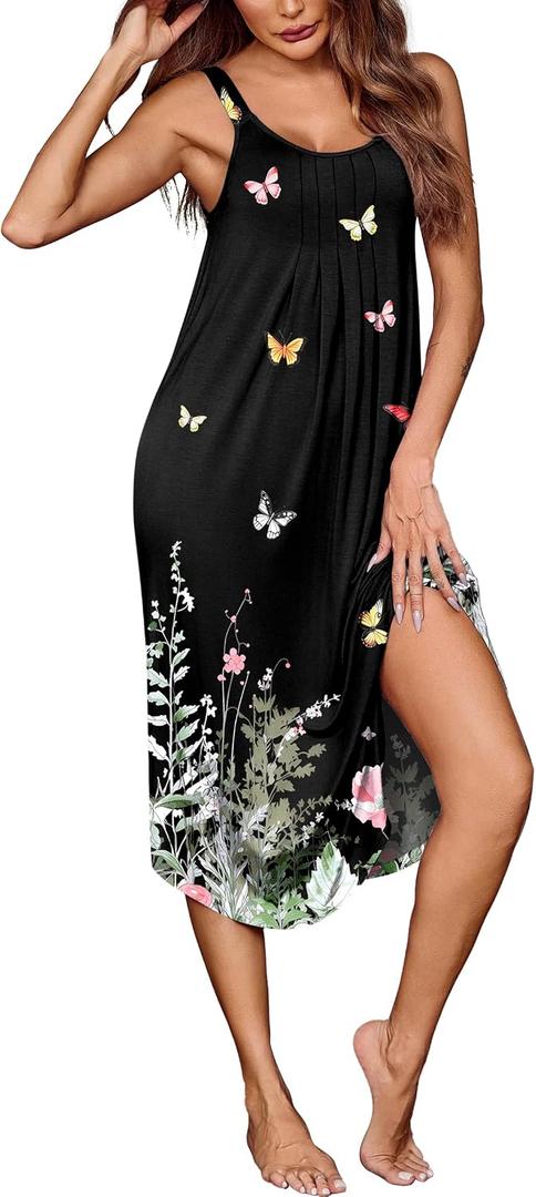 Ekouaer Women's Sleeveless Nightgown Long Nightgowns for Women Full Slip Soft Nightshirt Wide Strap Sleepwear Lounge Dresses (Black, L)