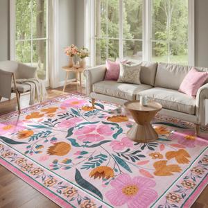 Beeiva Floral Pink Rugs for Living Room 8'x10', Soft Washable Area Rugs Ultra Thin with Low Plie, Large Non Slip Throw Carpet for Bedroom Nursery Dining Room (Pink,8'x10')