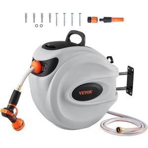 VEVOR Retractable Hose Reel, 100 ft x 1/2 inch, Garden Water Hose Reel with 9-Pattern Nozzle, 180 Swivel Bracket Wall-Mounted, Automatic Rewind, Lock at Any Length, with Slow Return System