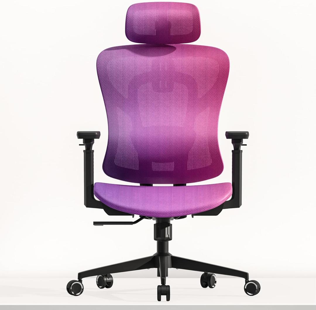 Ergonomic Mesh Office Chair, Gradient Purple Desk Chair with 3D Armrests, Adaptive Thoracic Support, 3D Lumbar Support & Adjustable Headrest, high Back Home Swivel Computer Chair with Tilt Function, 31.5 inches x 31.5 inches x 47 inches