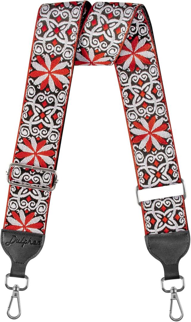 3 x Purse Strap, Jacquard Embroidered 2" Wide Soft Cotton & Leather Ends Purse Straps Replacement Crossbody Bag Straps (Jacquard Orange White)