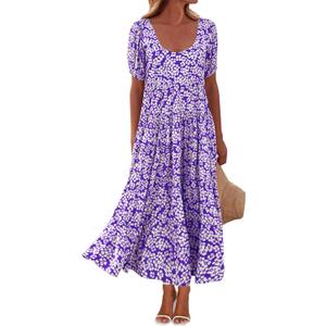 BTFBM Casual Women Summer Dresses 2024 Puff Sleeve Floral Maxi Dresses Smocked Backless Flowy Tiered Beach Long Dress (Purple, L)