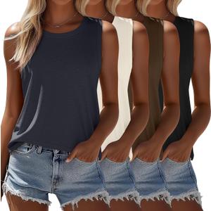 Ficerd 4 Pack Women's Sleeveless Tops, Casual Summer Loose Fit T Shirts Solid Color Tunic Tank Tops Ladies' Crew Neck Tee (Black, Brown, Cream, Dark Gray), S