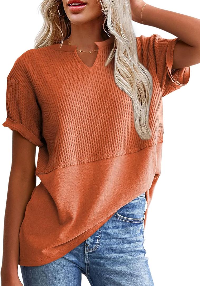 SHEWIN Womens T Shirts Casual Short Sleeve Work Tee Shirt Office Loose Solid Color V Neck Top Cute Tops for Women Fashion 2025, US 16-18(XL), Orange