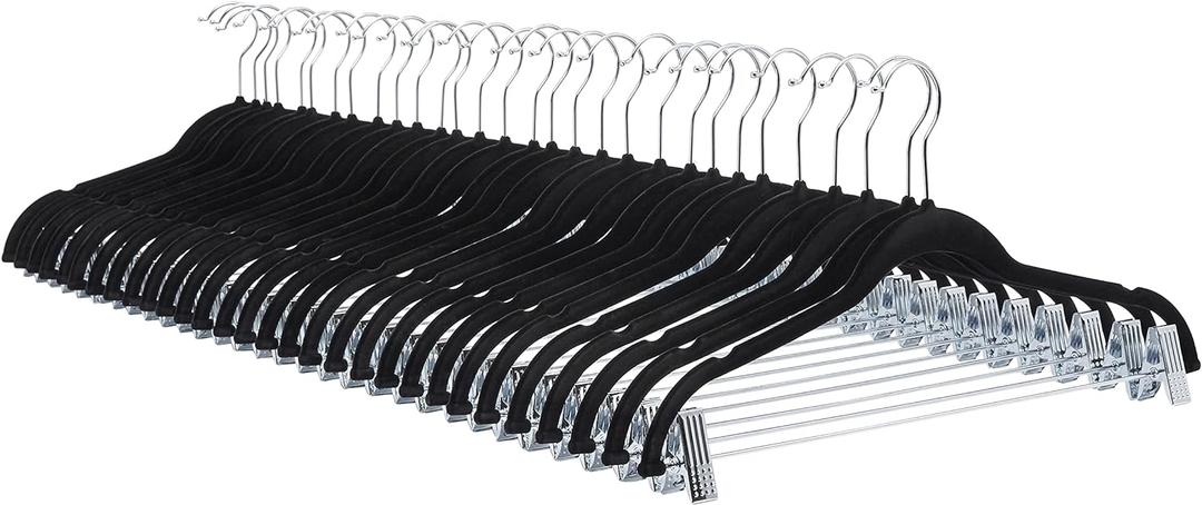 Amazon Basics Velvet, Non-Slip Skirt Clothes Hangers with Clips, Organize Pants and Skirts, Black/Silver, Pack of 24